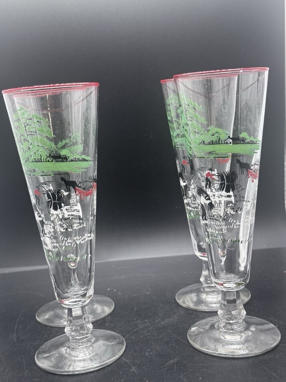 LIBBEY Currier & Ives Pilsner Beer Glass Stemmed Red Rim Set 1950's Vintage 4